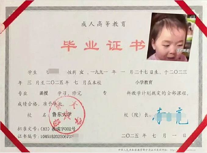 鲁东大学2025年函授专科毕业证书样本图片（小学教育）