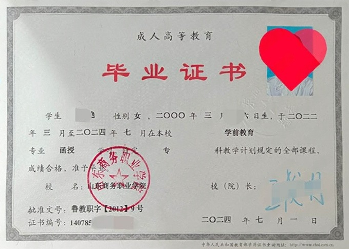 山东商务职业学院2024年函授专科毕业证书样本图片（学前教育）